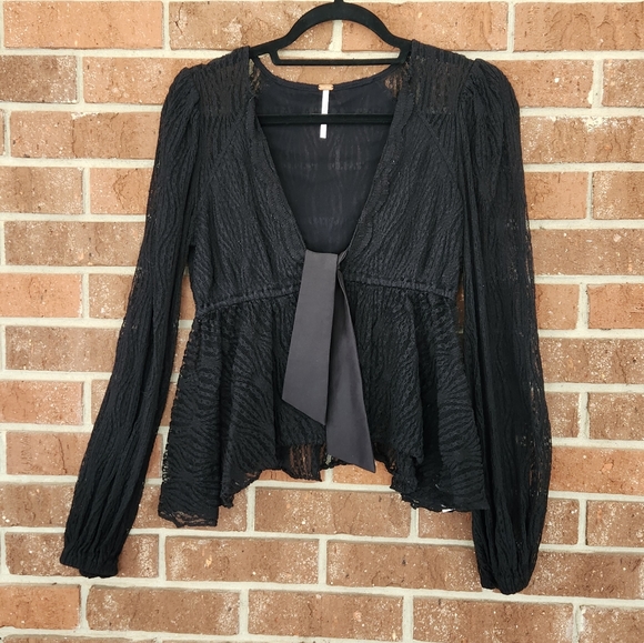 Free People Black Long Sleeve Flowy Low Cut Lace Top w/Bow - Picture 2 of 14